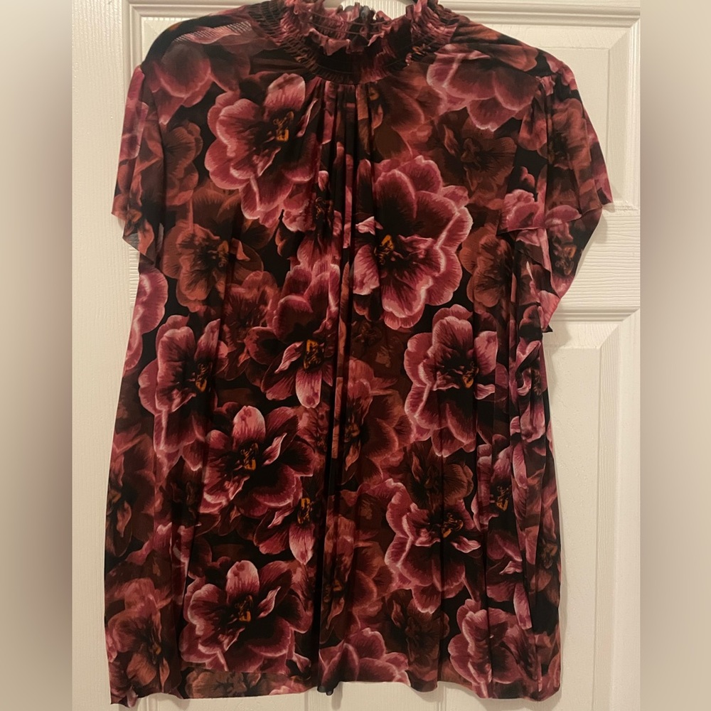 Sheer Stretch Mesh Smocked Neck Flutter Sleeve Top